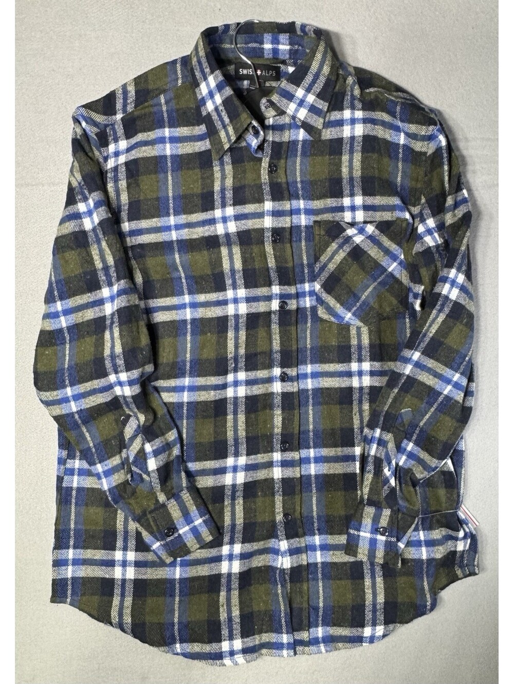 Swiss Alps Flannel Shirt Men's S Olive Blue Plaid Button Up Cotton NWT